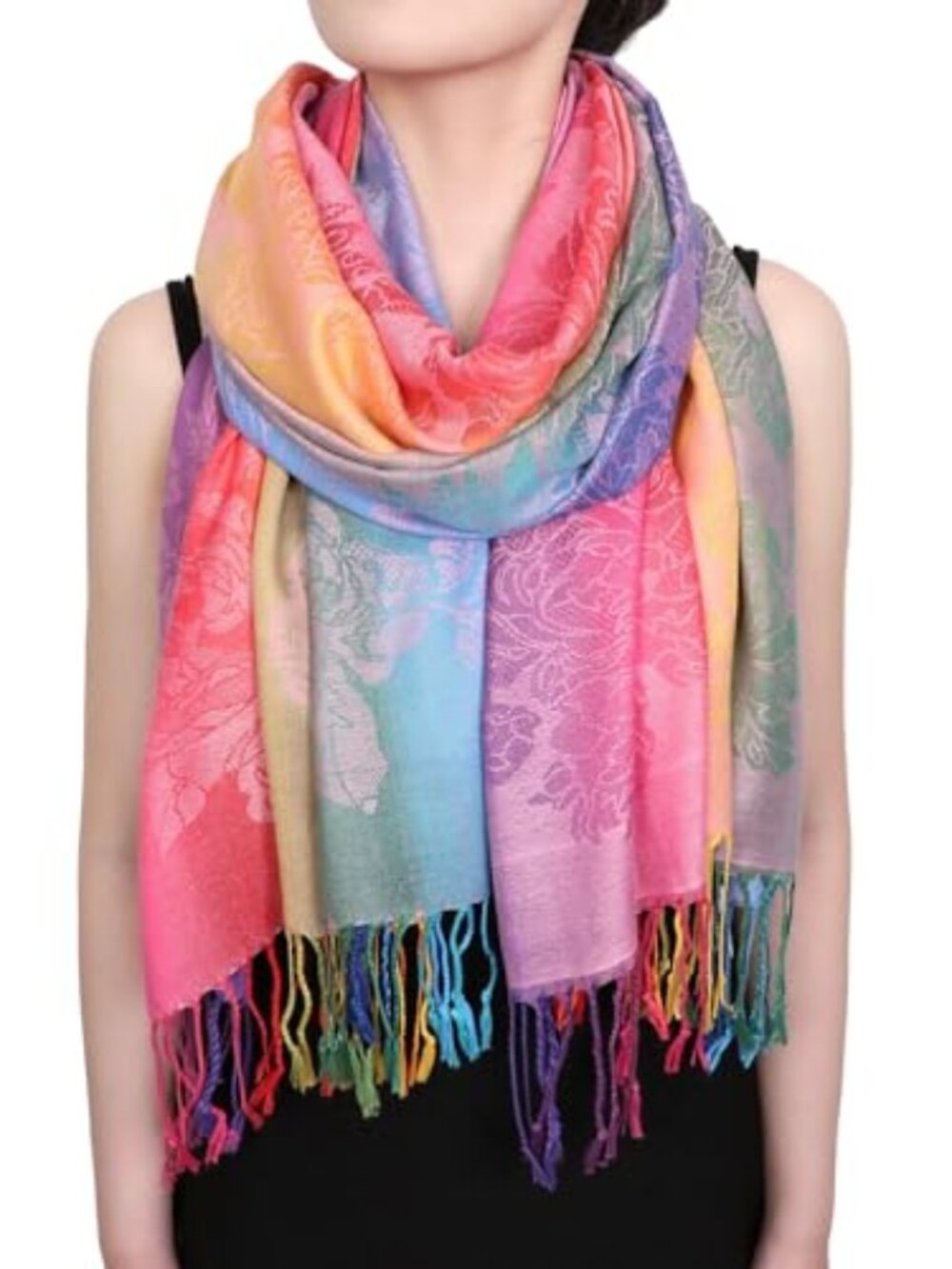 Colorful flowers Jacquard cotton‎ pashmina Women Wrap Shawl tassels Scarves